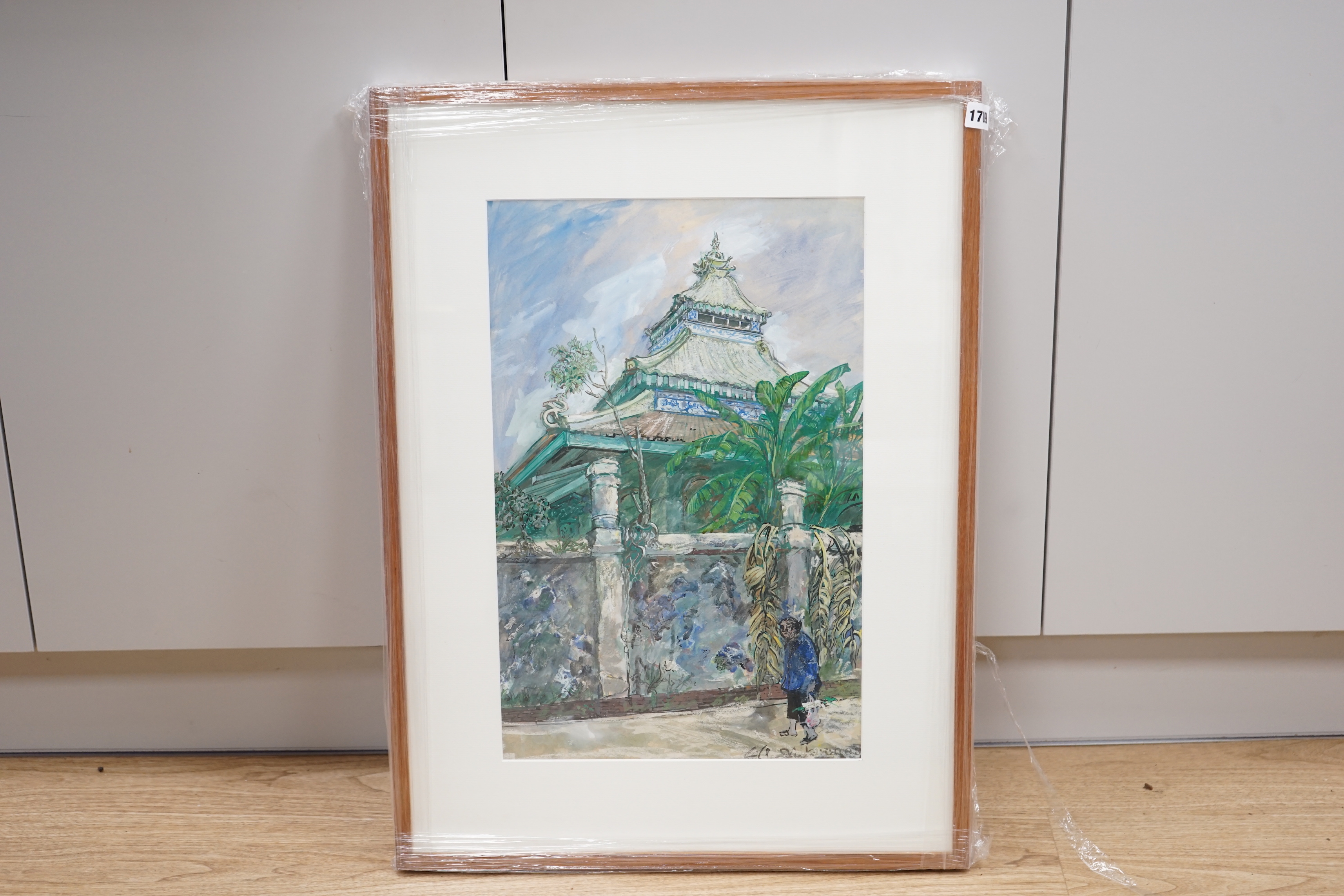 Christopher Clairmonte (1932-2012), mixed media and gouache, Oriental landscape with figures before a pagoda, signed, 52 x 33cm